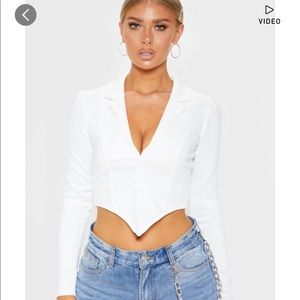 White Collar Detail Long Sleeve Cropped Shirt